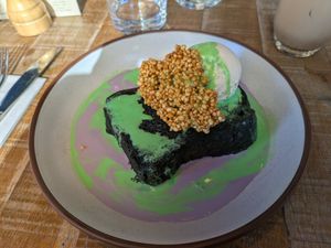 Ube french toast (black charcoal brioche, pandan cream, ube anglaise, crispy quinoa and vanilla ice cream)
(From the weekend brunch menu) at Mallow - Borough Market in South East London
