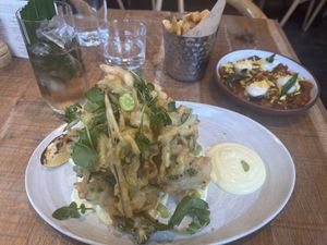 Friti misto, charred leek bharta and chips  at Mallow - Borough Market in South East London