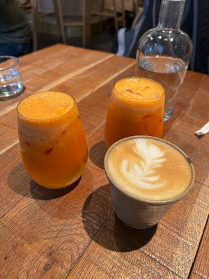 Carrot apple and ginger juices and oat latte at Mallow - Borough Market in South East London