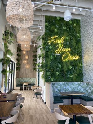 Indoor eating area at Guacamaya Oasis Plant Based Mexican Cuisine in Downey