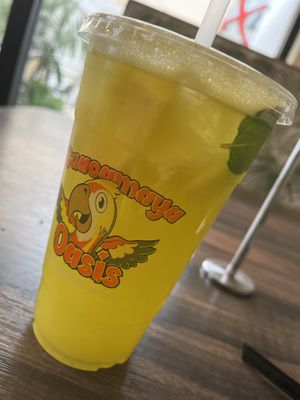 Pineapple mint bevvie with fresh pineapple chunks - delicious after my workout right next door    at Guacamaya Oasis Plant Based Mexican Cuisine in Downey