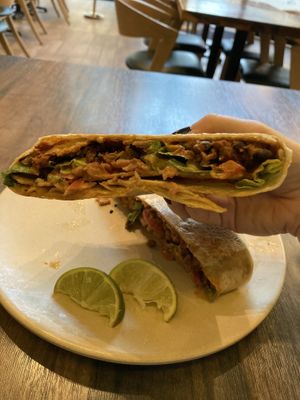 Guacamaya wrap with beyond beef  at Guacamaya Oasis Plant Based Mexican Cuisine in Downey