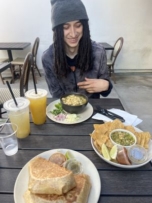Breakfast brunch wrap and posole 10/10  at Guacamaya Oasis Plant Based Mexican Cuisine in Downey