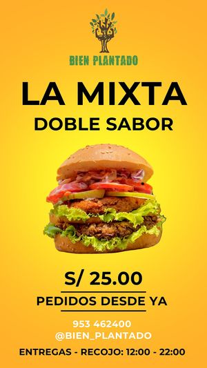 A huge mix of both burgers, made for those who wants annihilate hunger. Juicy, creamy, enjoy it with our rocoto cream and our classical oil-free mayo 😍 at Bien Plantado in Iquitos