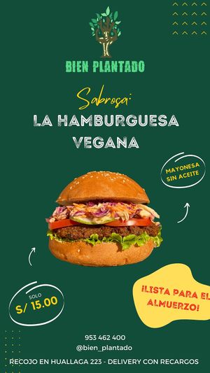The Vegan Burger, this plant based burger feels like traditional meat, BUT IS NOT. Spicy and tasteful, served with beautiful fresh ingredientes as always.  at Bien Plantado in Iquitos