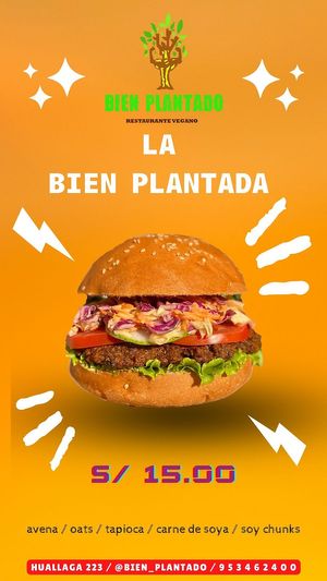 Excelent taste, our signature burger. Soy chunks, oats and tapioca flour.   at Bien Plantado in Iquitos