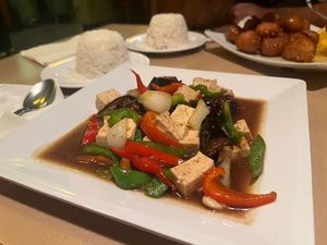 #50 Pad Makuer with soft tofu  at Coconut Cafe in Merced