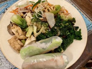Summer rolls, vegan “steak” salad, non-beef and broccoli, super kale, lemongrass tofu & mixed vegetables and stir-fried noodles & mixed vegetables.   at Loving Hut in Falls Church