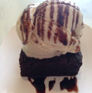 brownie with vanilla ice cream at Loving Hut in Falls Church