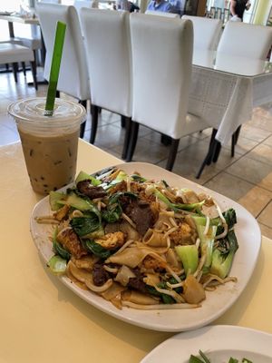 milk tea with boba + drunken noodles (“combination” option)  at Loving Hut in Falls Church