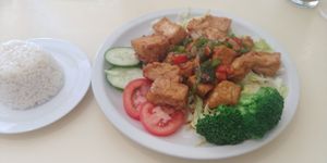 $9.50 Gluten free Jalapeño Tofu with with rice side at Loving Hut in Falls Church