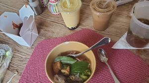 Pho, drummies, mango bubble tea, and Vietnamese coffee at Loving Hut in Falls Church