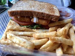 Fillet sandwich after a few fries went missing 🙆‍♀️ at Loving Hut in Falls Church