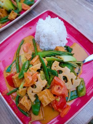 Gemüse mit Tofu an Erdnusssauce und Reis at Zen in Modling