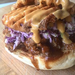 BBQ Cheesy Waffle Fry at Freakin' Vegan in Cliffside Park