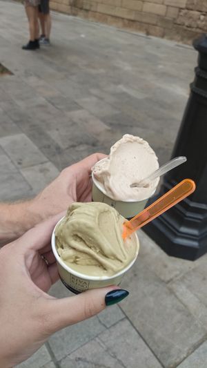 Vegan pistachio and hazelnut gelato. at Rivareno Catedral in Mallorca