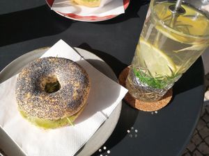 A customized bagel (removed the cheese) and ginger/peppermint tea at KALIFOOD in Ferrel