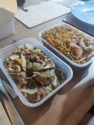 Lamb and cashew nuts and mixed chow mein at Wawin Vegan Chinese in Salford