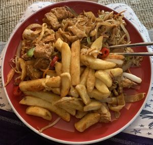 Chickn chow mien, salt & pepper tofu/chips (all gluten-free)  at Wawin Vegan Chinese in Salford
