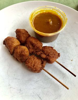 Satay chicken skewers   at Wawin Vegan Chinese in Salford