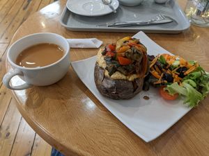 Cuppa and a 'Rainbow Jacket Potato' at World Peace Cafe in Leicester