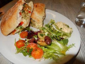 falafel on toasted ciabatta at World Peace Cafe in Leicester