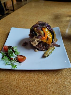 Jacket potato with houmous and Mediterranean veg at World Peace Cafe in Leicester