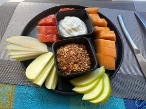 Seasonal fruits with yogurt and granola at Johannes Comfort Food and Bar in Merida