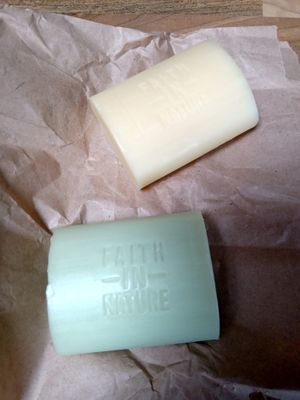 Two bars of soap (loose, no packaging) at Currant Affairs in Leicester