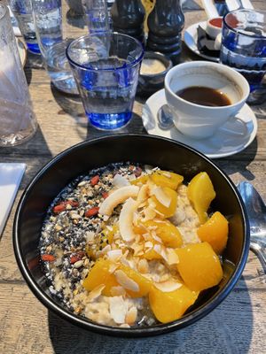 Peach and coconut porridge  at Rail House Café in London
