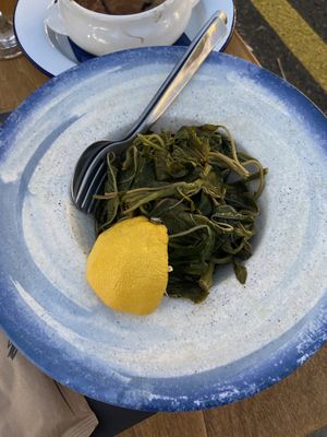 Dark leafy greens with lemon  at Mouragio in Paros
