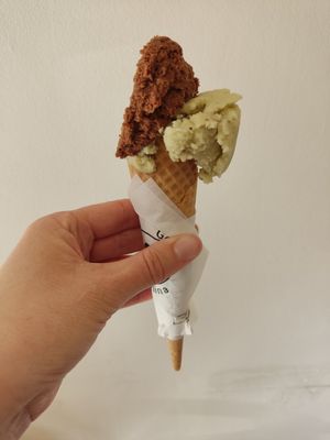 Small cone with chocolate and mint chocolate ice cream at Imaginarni Zmrzlina in Prague