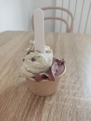 Small cup with chocolate and mint chocolate ice cream at Imaginarni Zmrzlina in Prague
