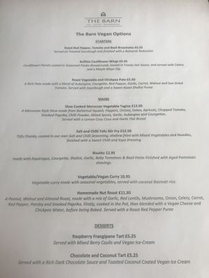 Vegan menu at The Barn Bar & Country Kitchen in Downpatrick