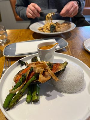 Aubergine in foreground. Linguini in background   at The Barn Bar & Country Kitchen in Downpatrick