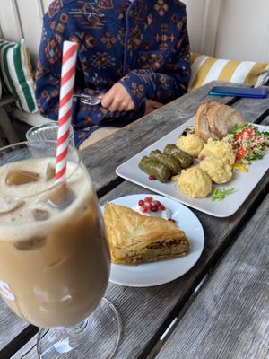Buffer plate, baklava and iced latte  at En Deli Haga in Gothenburg