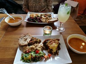 4 different dishes to chose between, hot and cold and soup+bread included. at En Deli Haga in Gothenburg