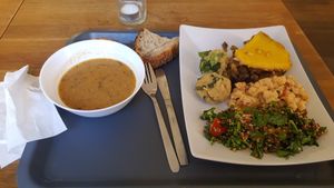 Soup + eggplant pie + 3 sides at En Deli Haga in Gothenburg