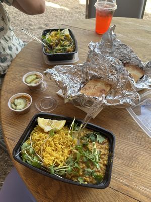 Delicious daal and the further away one is cabbage subzi. They also made it vegan and gave me hummus instead raita  at Silk Road Experience in Hot Springs