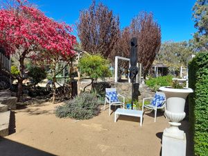 Outdoor garden seating at Wild Grounds Cafe in Morgan Park