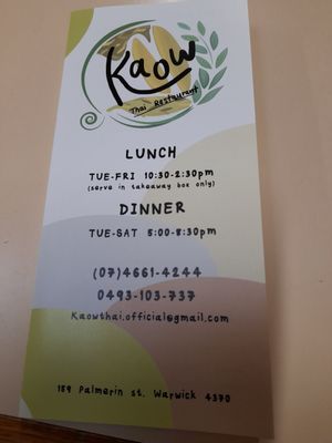 Menu at Kaow Thai in Warwick