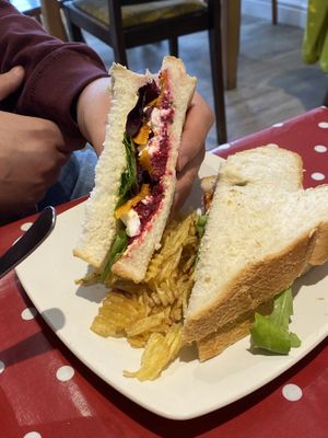 Homemade beetroot hummus, vegan feta, roasted squash & salad sandwich (amazing!)  at Nethy House Cafe & Rooms in Nethy Bridge