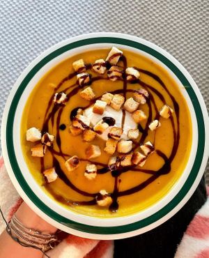 Pumpkin 🎃 Soup at Mimi's Cafe Vegan in Athens