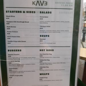 Menu at kave in West London
