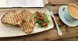 Lush toastie and latte  at kave in West London