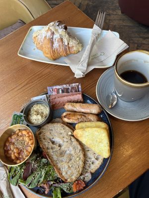 Vegan breakfast 8.45£, almond croissant 3.25£, Americano 3.40£  at kave in West London