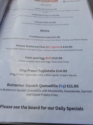 Menue at Tafarn Sinc in Clynderwen