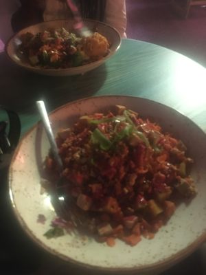 Harvest Bowl & Thai Peanut (sorry it’s blurry)! at Life Alive Organic Cafe in Cambridge