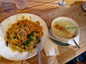 Swami bowl and cashew cauliflower soup at Life Alive Organic Cafe in Cambridge
