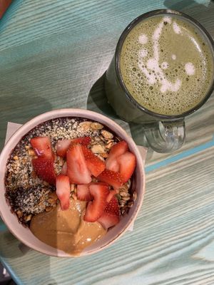 PB&J açaí bowl and matcha tea  at Life Alive Organic Cafe in Cambridge